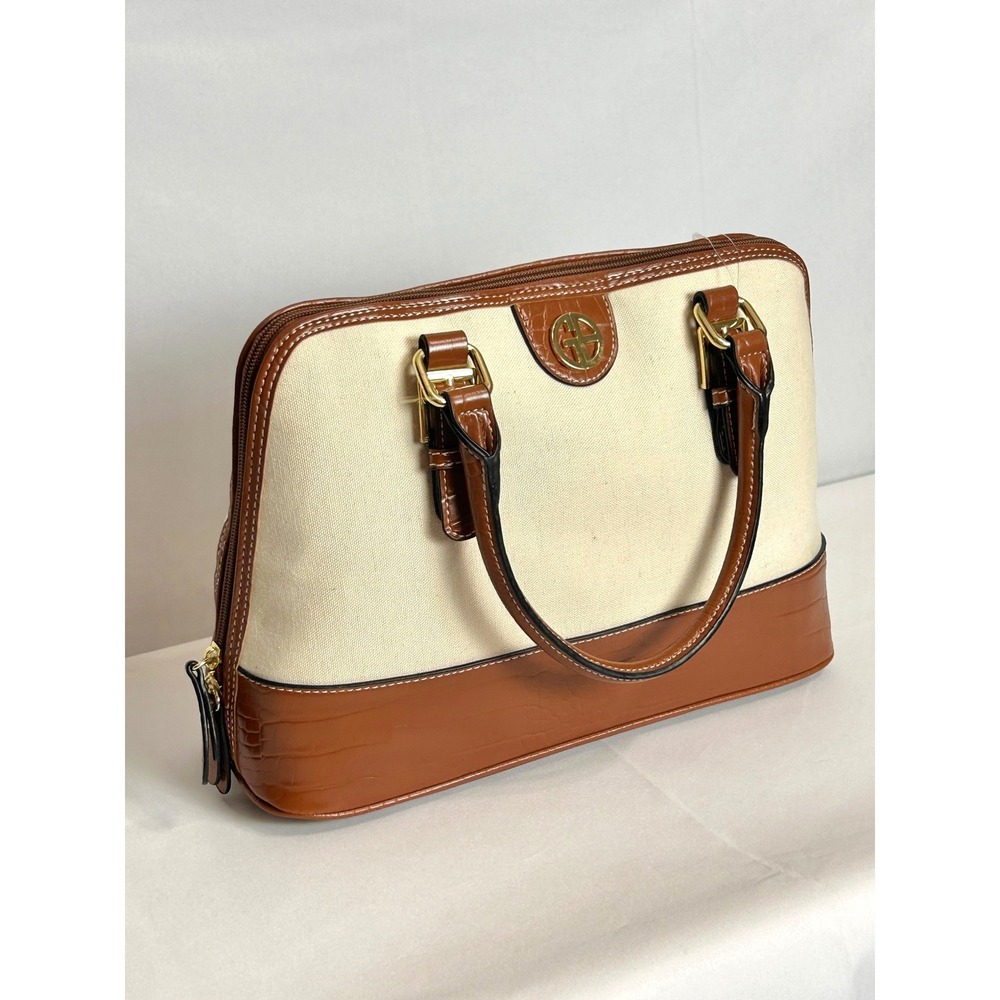Giani Bernini Vanilla Canvas Saddle Croc Embossed Dome Satchel Handbag NWT